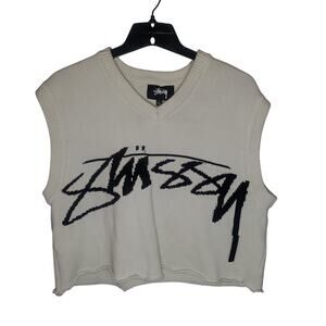 Stüssy Logo Sweater Vest Reworked Cropped Raw Hem Cream Men's Large Cotton
